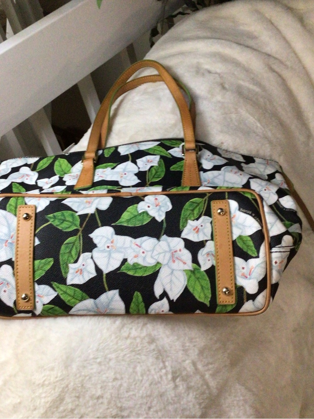 Dooney & Bourke Black Floral Tote with White Flowers and Green Leaves